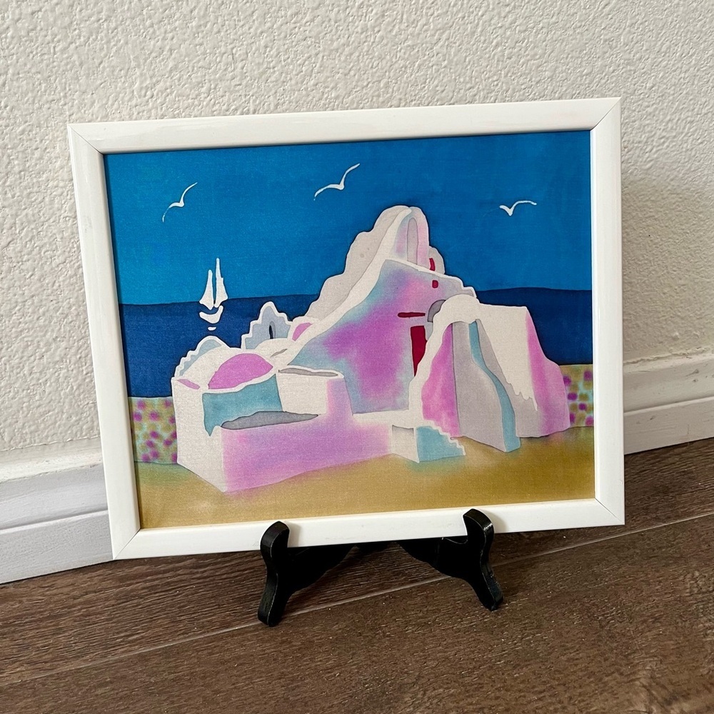 Vintage Watercolor On Silk Depicting Church In Greece 9/11 Inches Framed